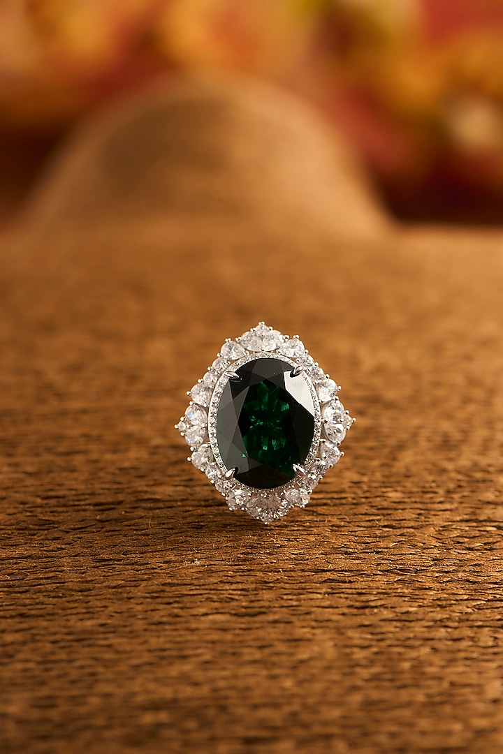 White Gold Finish Eurostar Zircon & Glass-Filled Emerald Ring In Sterling Silver by STELLA CREATIONS at Pernia's Pop Up Shop
