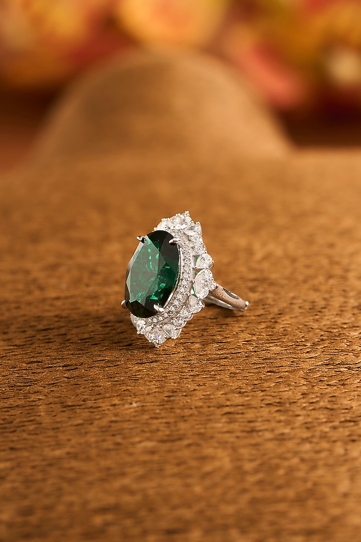White Gold Finish Eurostar Zircon & Glass-Filled Emerald Ring In Sterling Silver by STELLA CREATIONS at Pernia's Pop Up Shop