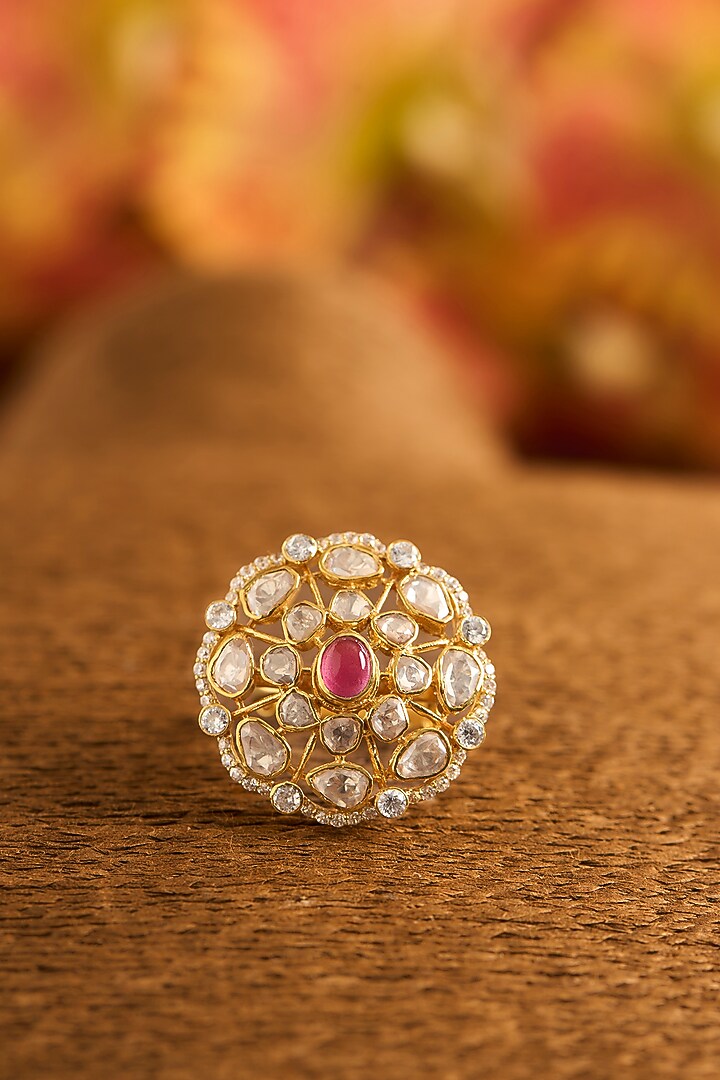 Yellow Gold Finish Eurostar Zircon & Glass-Filled Ruby Ring In Sterling Silver by STELLA CREATIONS at Pernia's Pop Up Shop