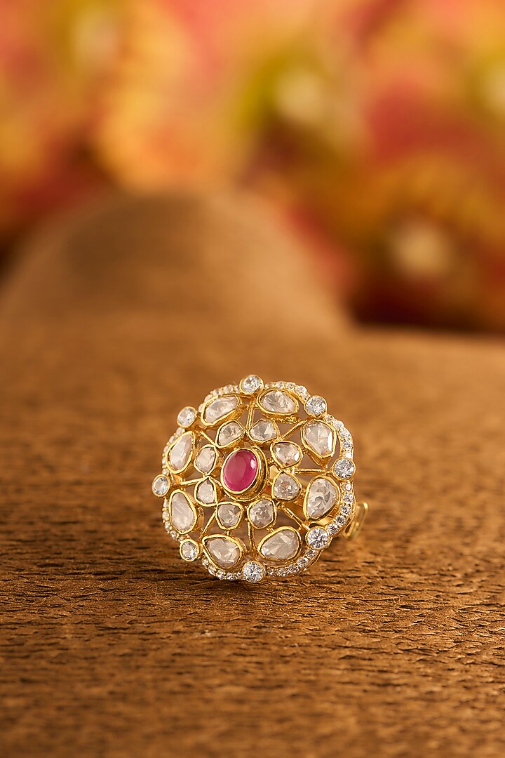 Yellow Gold Finish Eurostar Zircon & Glass-Filled Ruby Ring In Sterling Silver by STELLA CREATIONS at Pernia's Pop Up Shop