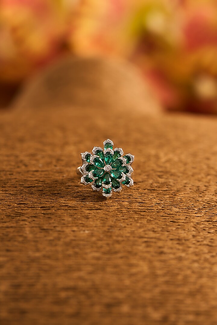 White Gold Finish Eurostar Zircon & Glass-Filled Emerald Ring In Sterling Silver by STELLA CREATIONS at Pernia's Pop Up Shop