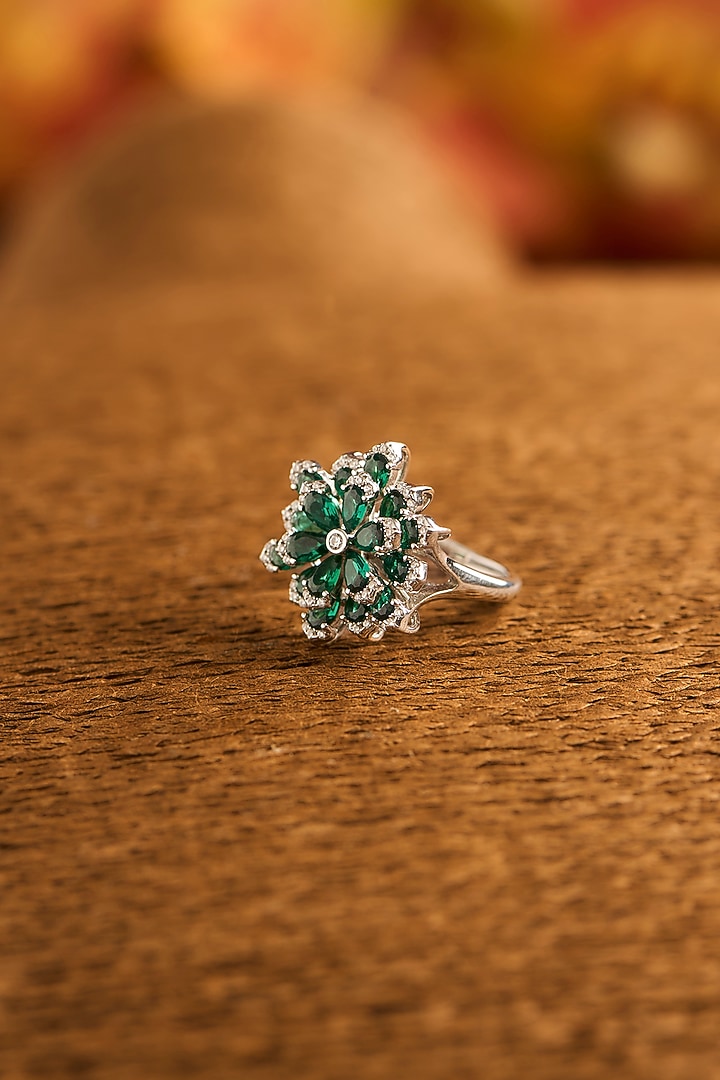White Gold Finish Eurostar Zircon & Glass-Filled Emerald Ring In Sterling Silver by STELLA CREATIONS at Pernia's Pop Up Shop