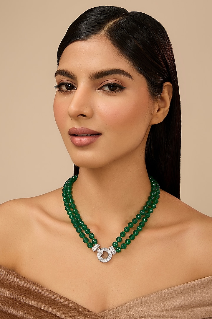 White Gold Finish Eurostar Zircon & Glass-Filled Emerald Necklace In Sterling Silver by STELLA CREATIONS at Pernia's Pop Up Shop