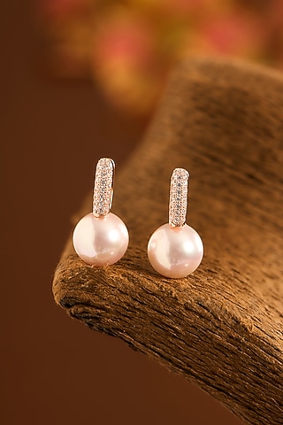 Rose Gold Finish Eurostar Zircon & Freshwater Pearl Hoop Earrings In Sterling Silver by STELLA CREATIONS