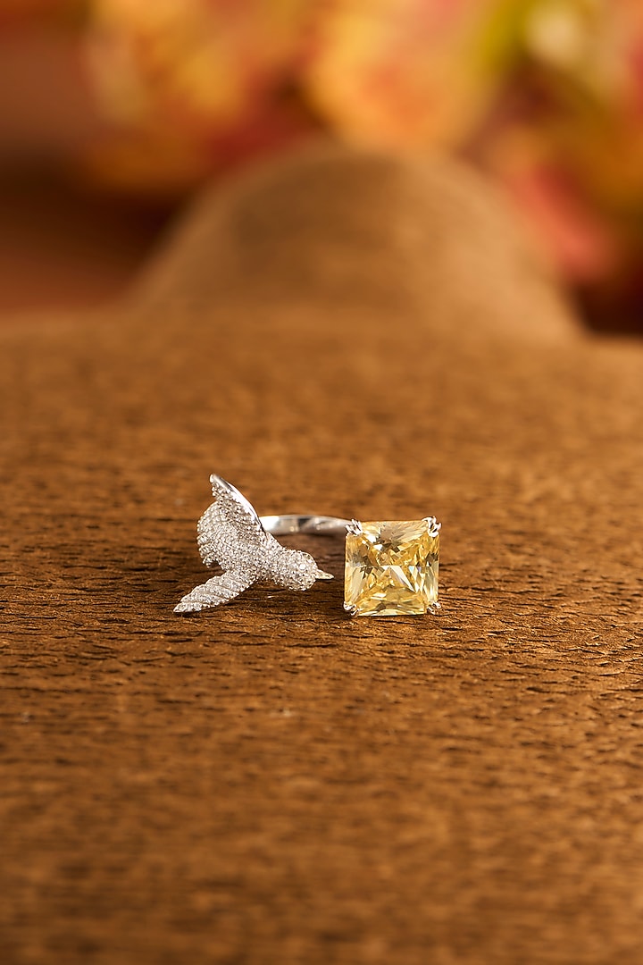 White Finish Eurostar Zircon & Yellow Sapphire Ring In Sterling Silver by STELLA CREATIONS at Pernia's Pop Up Shop