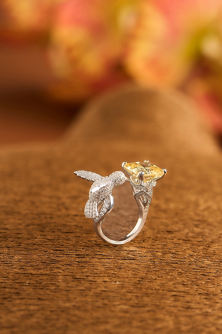 White Finish Eurostar Zircon & Yellow Sapphire Ring In Sterling Silver by STELLA CREATIONS at Pernia's Pop Up Shop