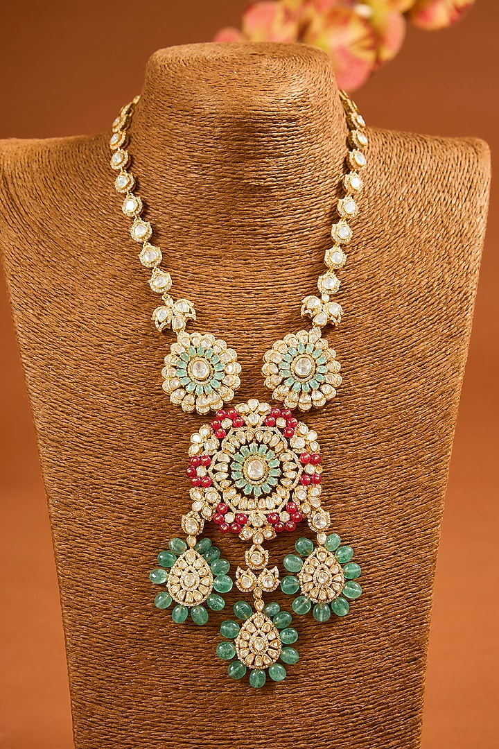 Yellow Gold Finish Ruby & Emerald Long Necklace Set In Sterling Silver by STELLA CREATIONS at Pernia's Pop Up Shop