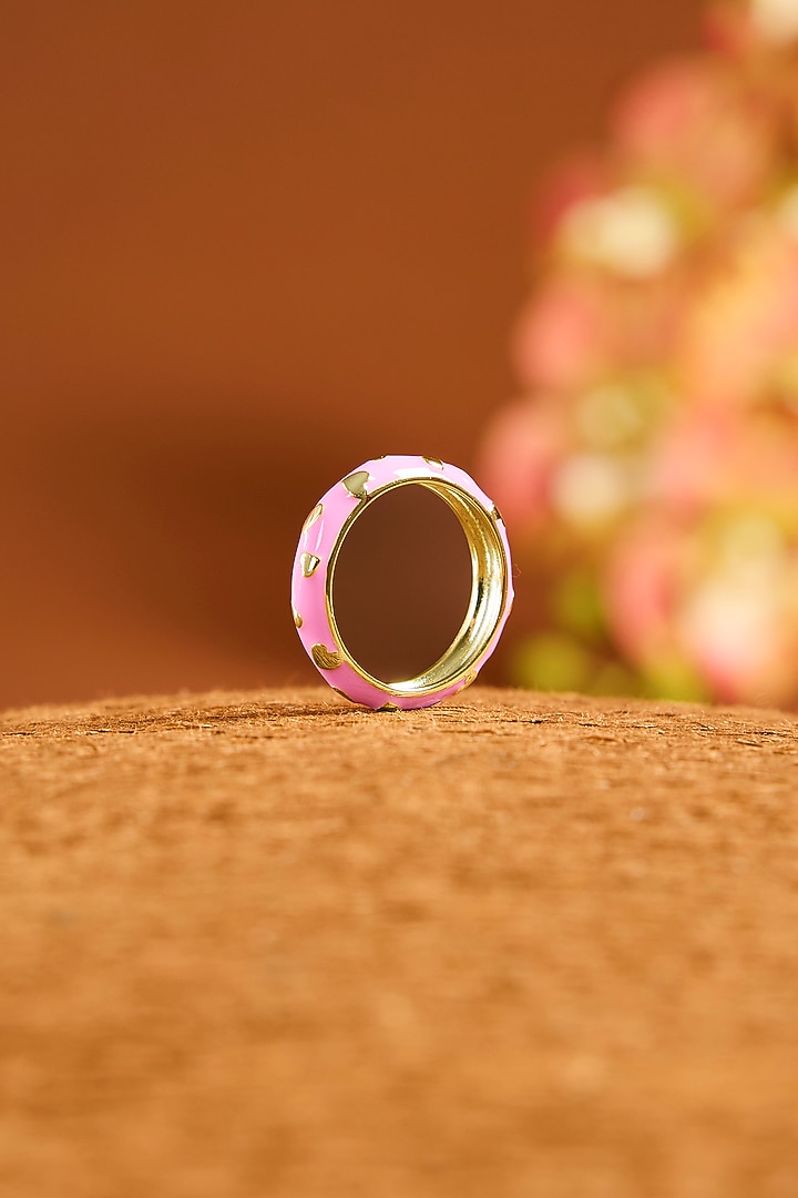 Yellow Gold Finish Pink Enameled Ring In Sterling Silver by STELLA CREATIONS at Pernia's Pop Up Shop