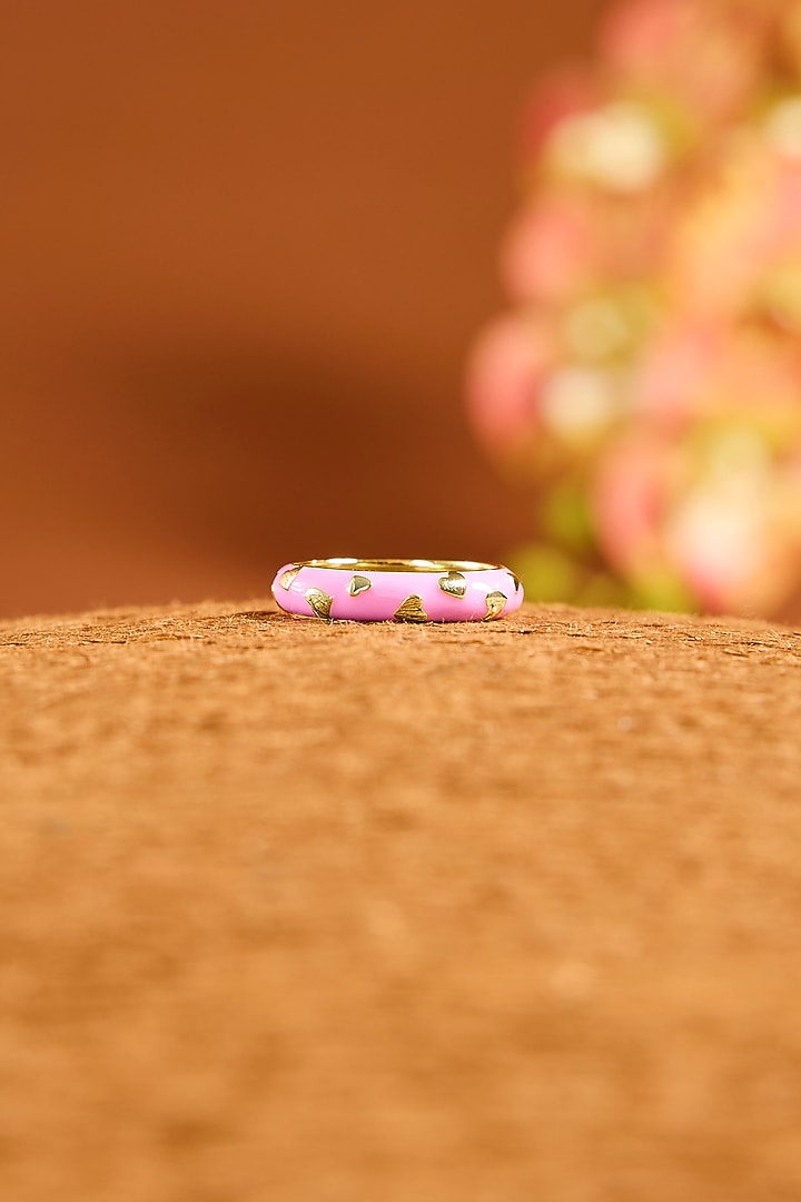 Yellow Gold Finish Pink Enameled Ring In Sterling Silver by STELLA CREATIONS at Pernia's Pop Up Shop