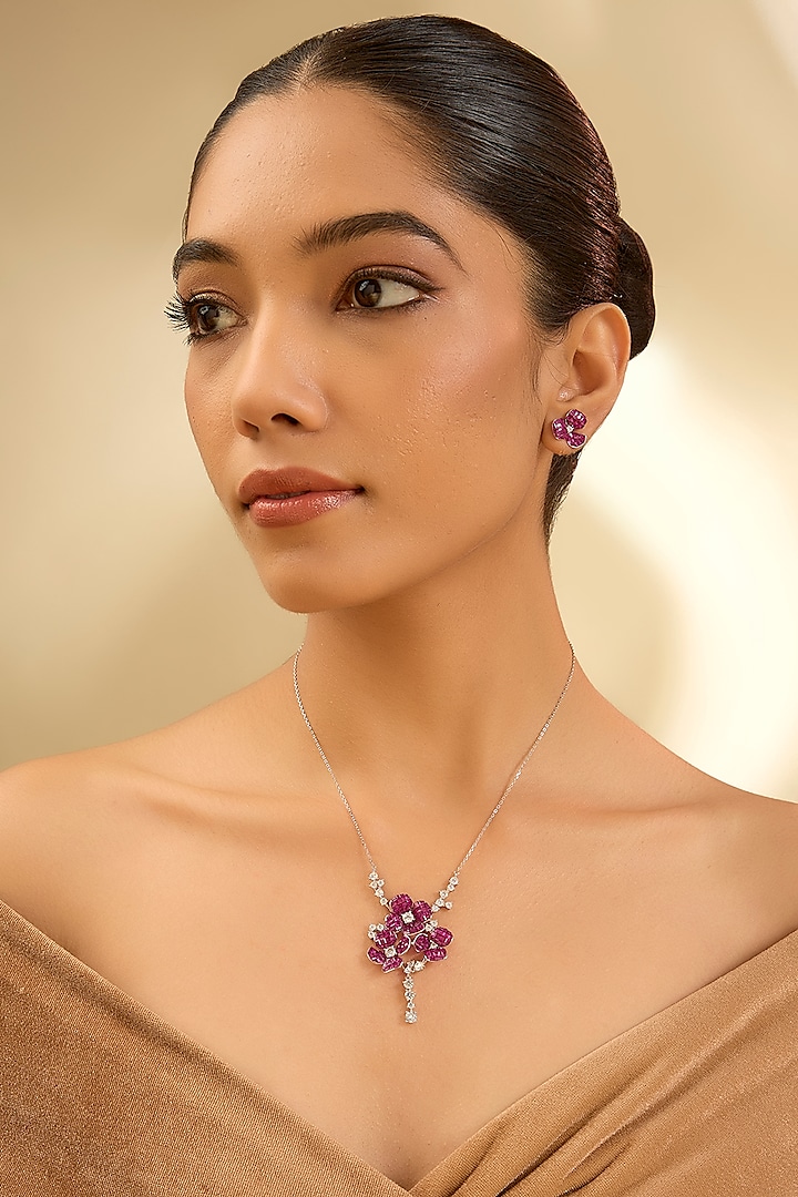 White Gold Finish Eurostar Zircon & Ruby Necklace In Sterling Silver by STELLA CREATIONS at Pernia's Pop Up Shop