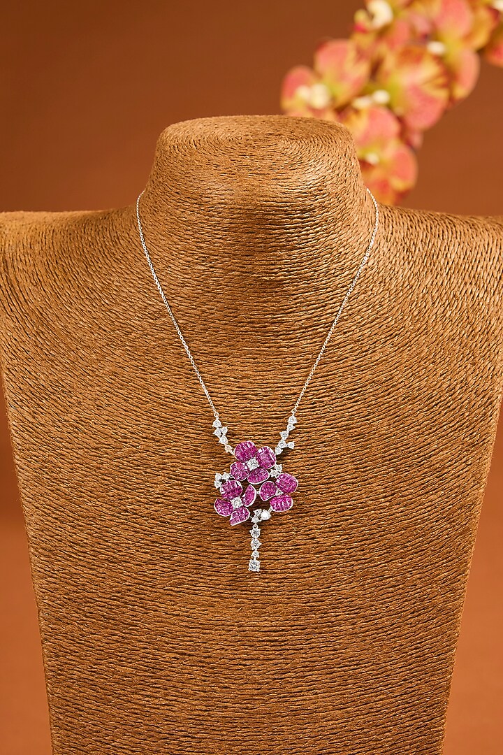 White Gold Finish Eurostar Zircon & Ruby Necklace In Sterling Silver by STELLA CREATIONS at Pernia's Pop Up Shop
