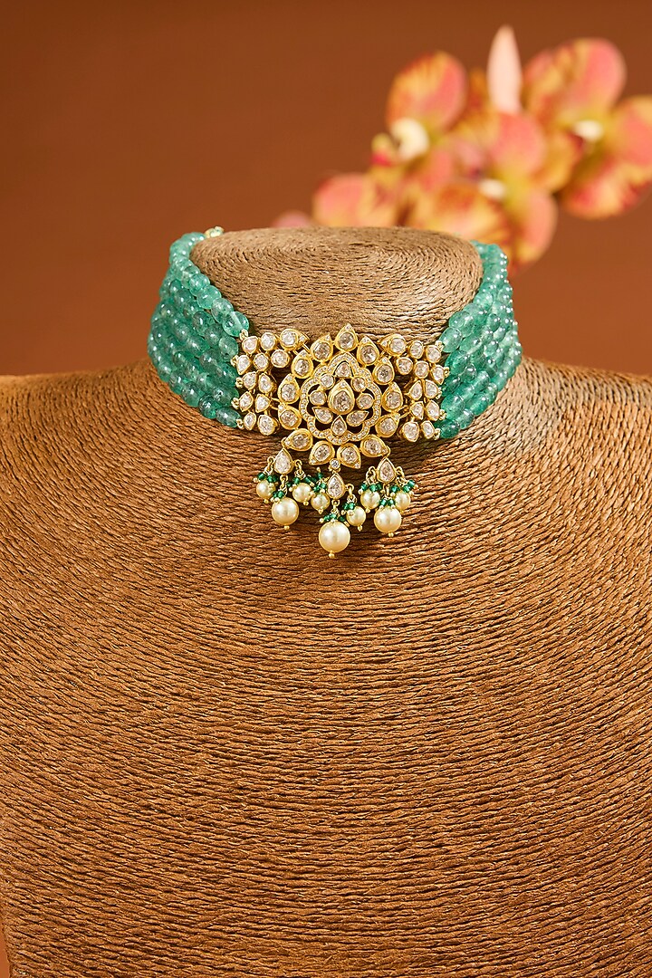 Yellow Gold Finish Moissanite Polki & Emerald Choker Necklace In Sterling Silver by STELLA CREATIONS at Pernia's Pop Up Shop