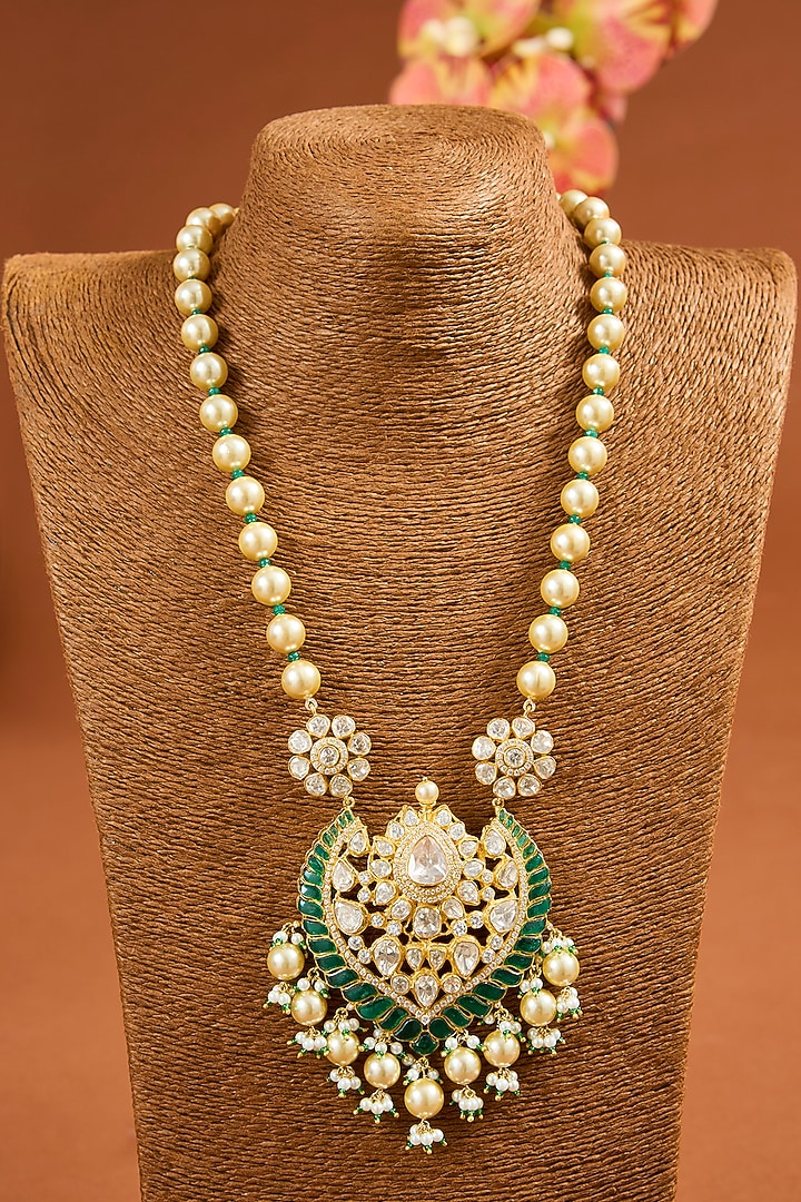 Yellow Gold Finish Moissanite Polki & Emerald Long Necklace In Sterling Silver by STELLA CREATIONS at Pernia's Pop Up Shop