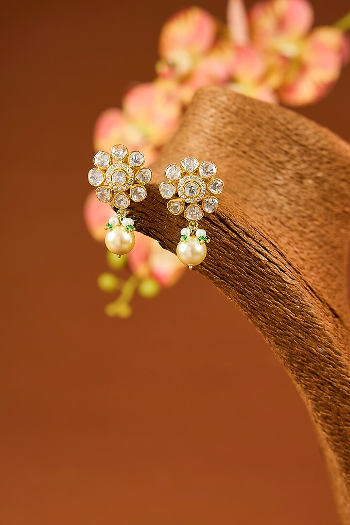 Yellow Gold Finish Moissanite Polki & Emerald Long Necklace In Sterling Silver by STELLA CREATIONS at Pernia's Pop Up Shop