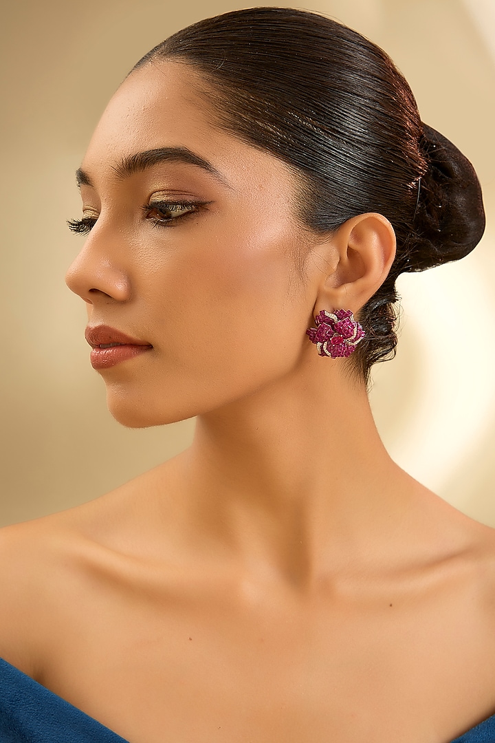 White Gold Finish Eurostar Zircon & Ruby Stud Earrings In Sterling Silver by STELLA CREATIONS at Pernia's Pop Up Shop