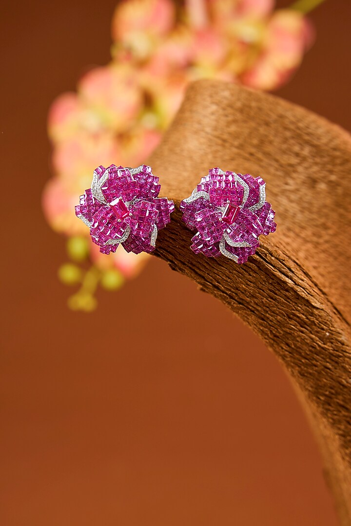 White Gold Finish Eurostar Zircon & Ruby Stud Earrings In Sterling Silver by STELLA CREATIONS at Pernia's Pop Up Shop