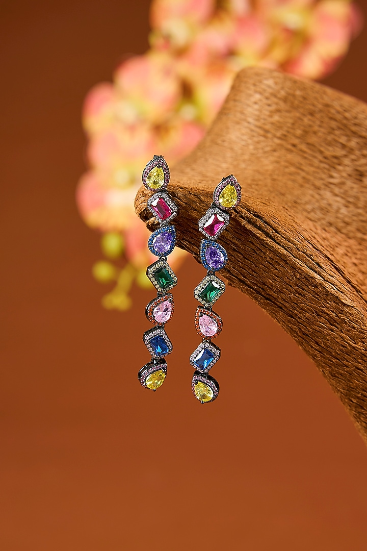 Black Rhodium Finish Eurostar Zircon & Multi-Colored Stone Dangler Earrings In Sterling Silver by STELLA CREATIONS at Pernia's Pop Up Shop