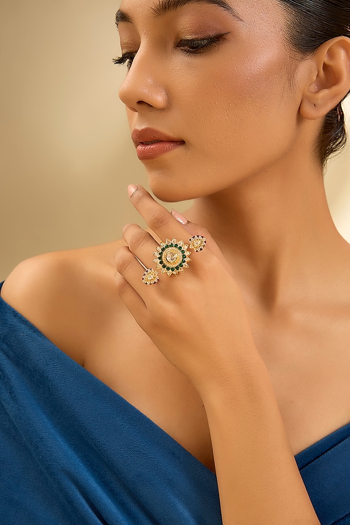 Yellow Gold Finish Moissanite Polki & Glass-Filled Emerald Ring In Sterling Silver by STELLA CREATIONS at Pernia's Pop Up Shop