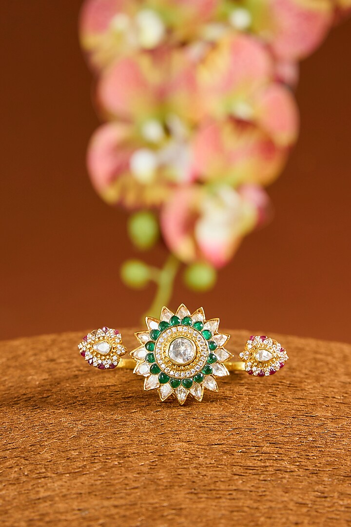 Yellow Gold Finish Moissanite Polki & Glass-Filled Emerald Ring In Sterling Silver by STELLA CREATIONS at Pernia's Pop Up Shop