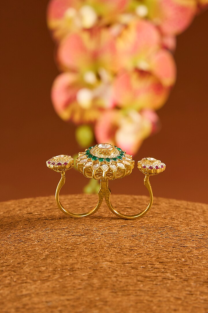 Yellow Gold Finish Moissanite Polki & Glass-Filled Emerald Ring In Sterling Silver by STELLA CREATIONS at Pernia's Pop Up Shop