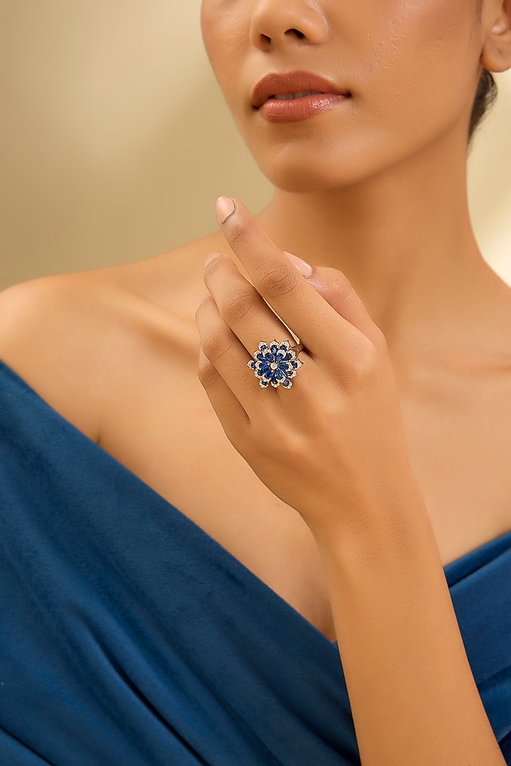 White Finish Eurostar Zircon & Glass-Filled Blue Sapphire Ring In Sterling Silver by STELLA CREATIONS at Pernia's Pop Up Shop