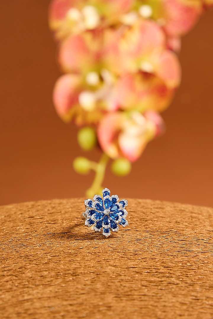 White Finish Eurostar Zircon & Glass-Filled Blue Sapphire Ring In Sterling Silver by STELLA CREATIONS at Pernia's Pop Up Shop