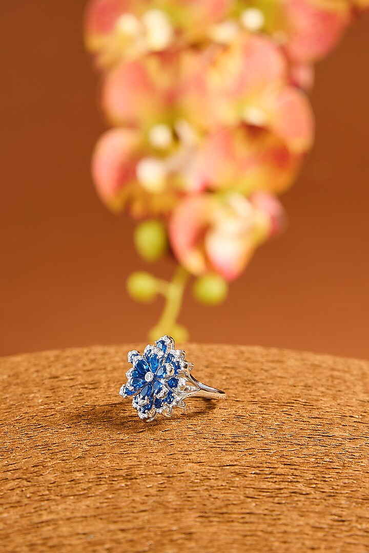 White Finish Eurostar Zircon & Glass-Filled Blue Sapphire Ring In Sterling Silver by STELLA CREATIONS at Pernia's Pop Up Shop