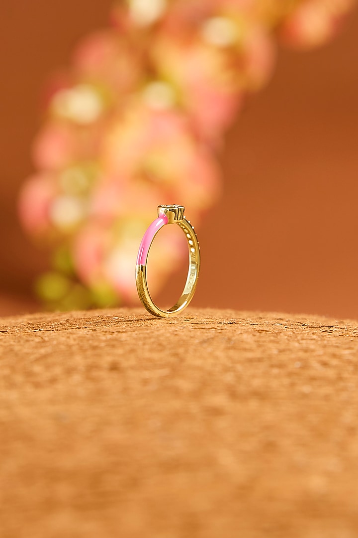 Gold Finish Eurostar Zircon Pink Enameled Ring In Sterling Silver by STELLA CREATIONS at Pernia's Pop Up Shop