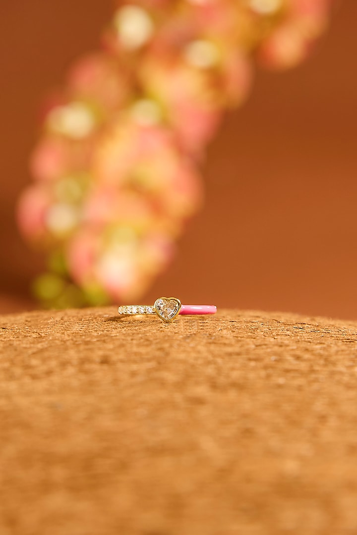 Gold Finish Eurostar Zircon Pink Enameled Ring In Sterling Silver by STELLA CREATIONS at Pernia's Pop Up Shop