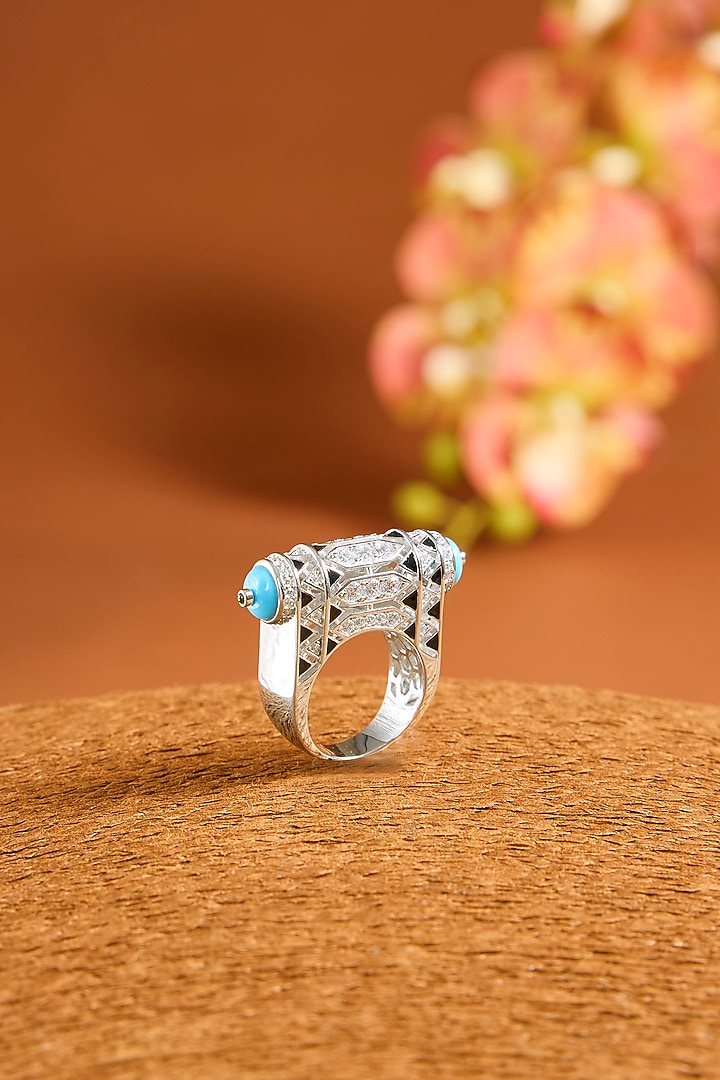 White Gold Finish Eurostar Zircon Pink Enameled Ring In Sterling Silver by STELLA CREATIONS at Pernia's Pop Up Shop