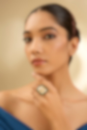 Yellow Gold Finish Moissanite Polki & Glass-Filled Emerald Ring In Sterling Silver by STELLA CREATIONS at Pernia's Pop Up Shop