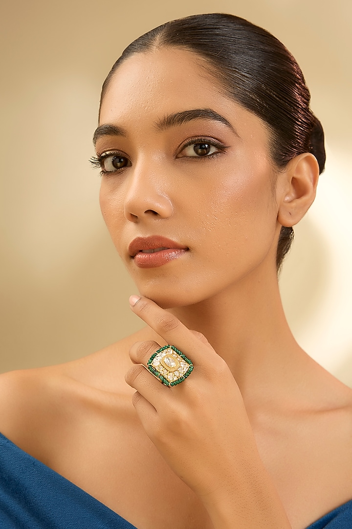 Yellow Gold Finish Moissanite Polki & Glass-Filled Emerald Ring In Sterling Silver by STELLA CREATIONS at Pernia's Pop Up Shop