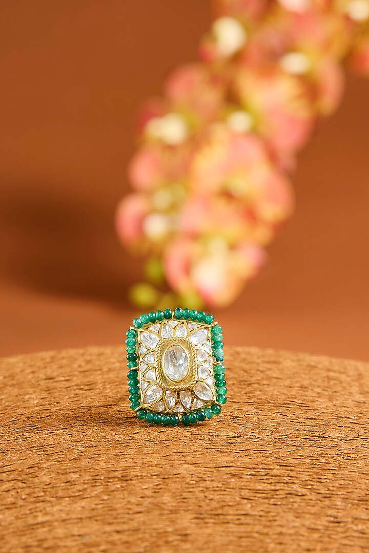 Yellow Gold Finish Moissanite Polki & Glass-Filled Emerald Ring In Sterling Silver by STELLA CREATIONS at Pernia's Pop Up Shop