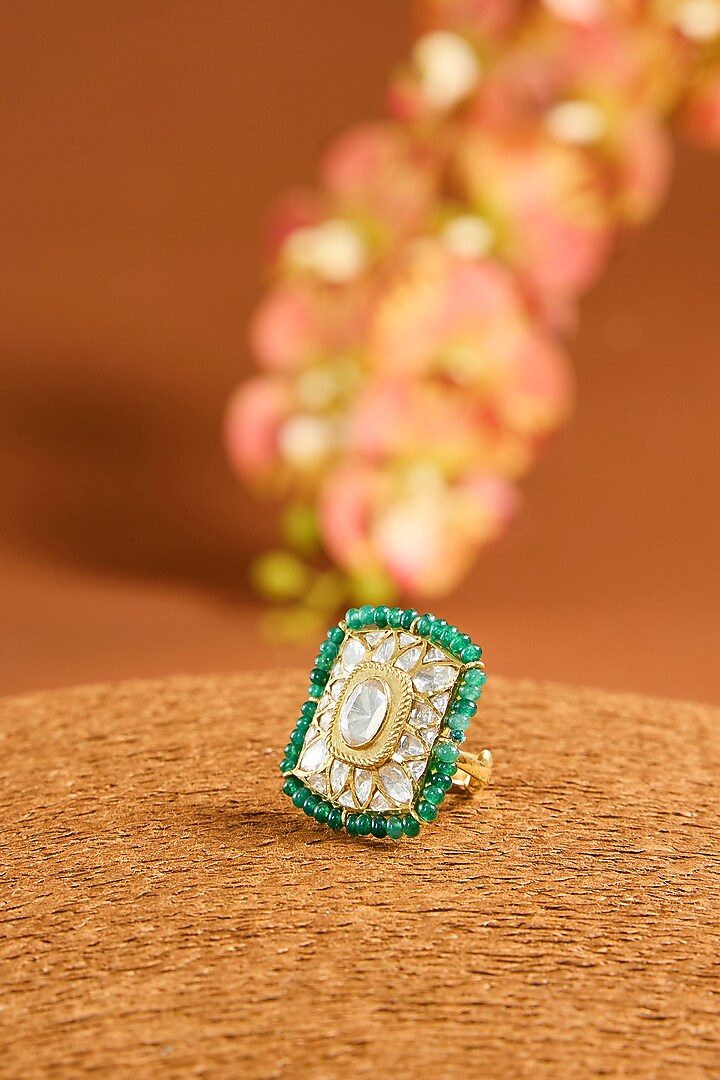 Yellow Gold Finish Moissanite Polki & Glass-Filled Emerald Ring In Sterling Silver by STELLA CREATIONS at Pernia's Pop Up Shop