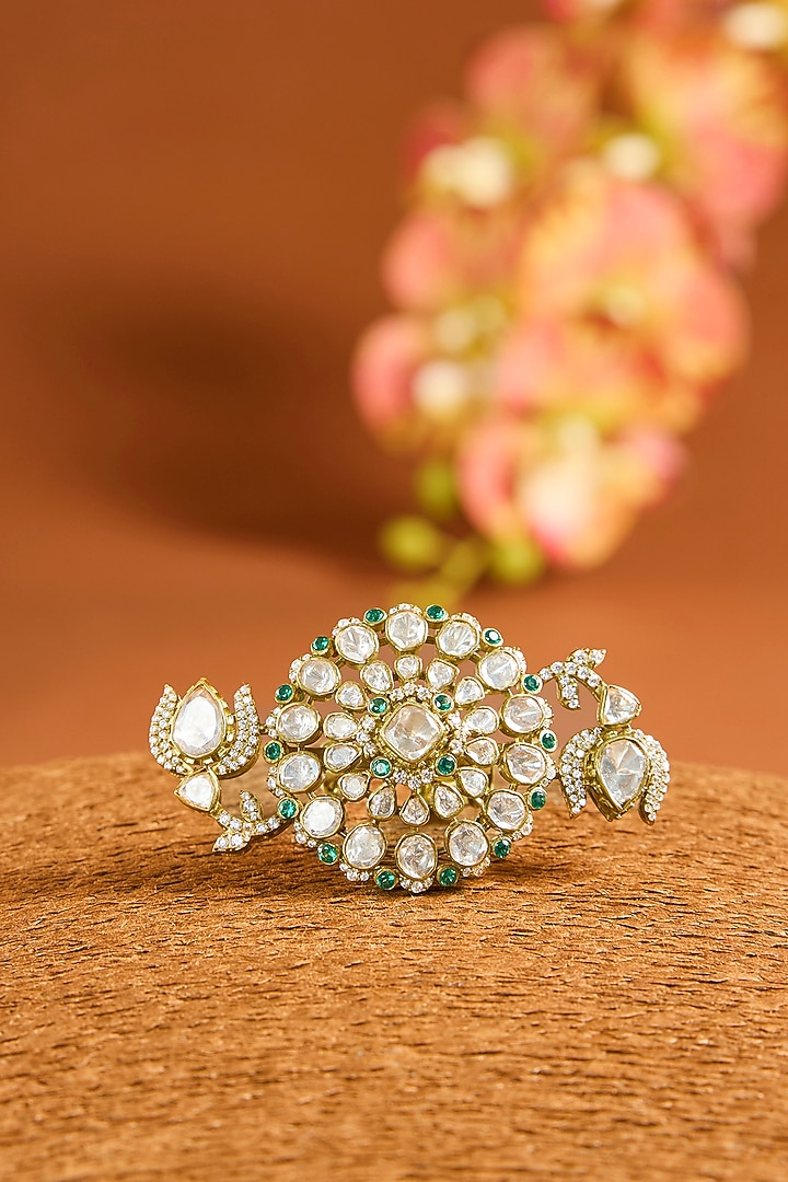 Yellow Gold Finish Moissanite Polki & Emerald Ring In Sterling Silver by STELLA CREATIONS at Pernia's Pop Up Shop