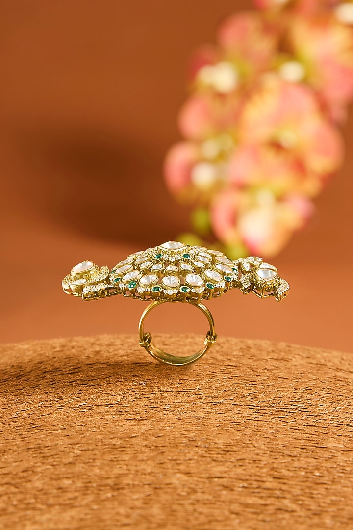 Yellow Gold Finish Moissanite Polki & Emerald Ring In Sterling Silver by STELLA CREATIONS at Pernia's Pop Up Shop