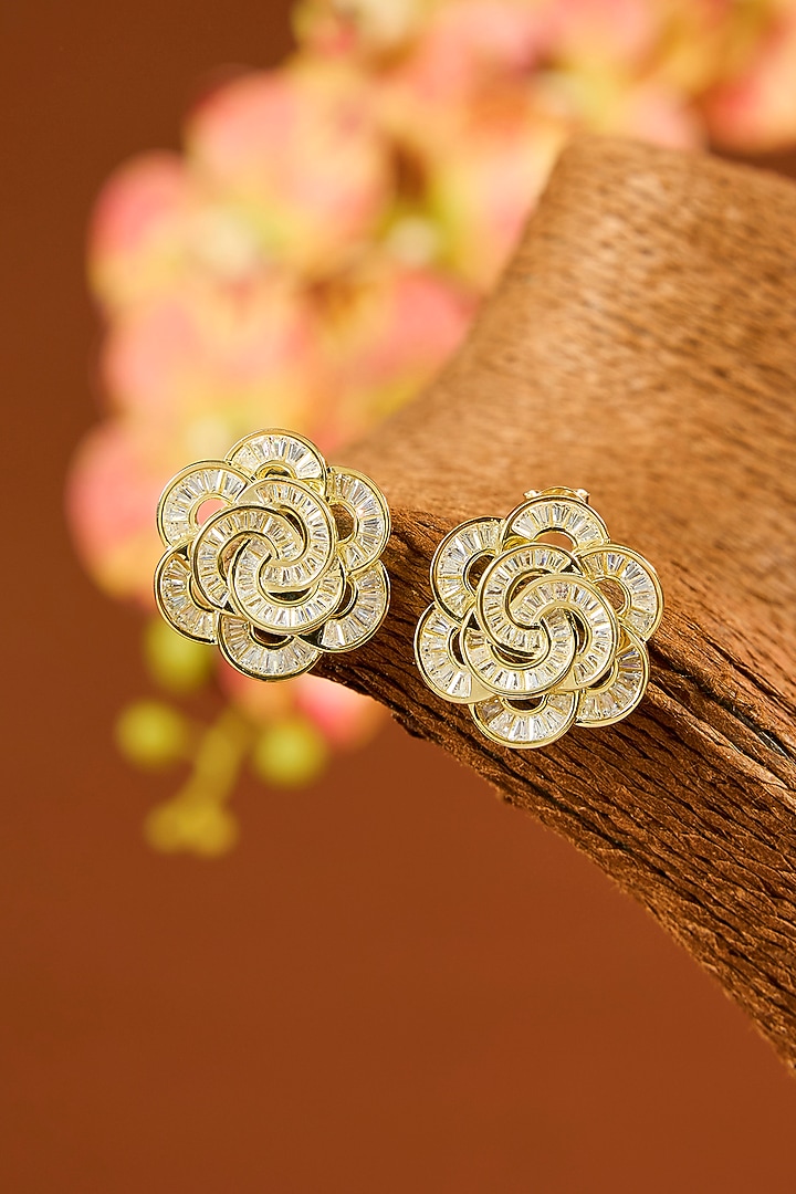 Yellow Gold Finish Eurostar Zircon Stud Earrings In Sterling Silver by STELLA CREATIONS at Pernia's Pop Up Shop