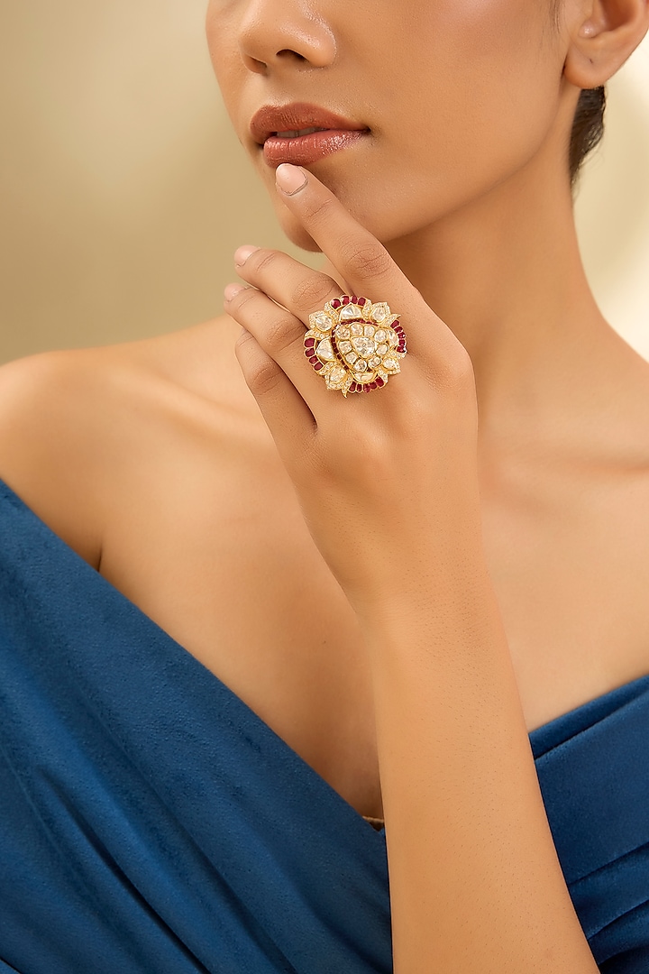 Yellow Gold Finish Moissanite Polki & Ruby Ring In Sterling Silver by STELLA CREATIONS at Pernia's Pop Up Shop