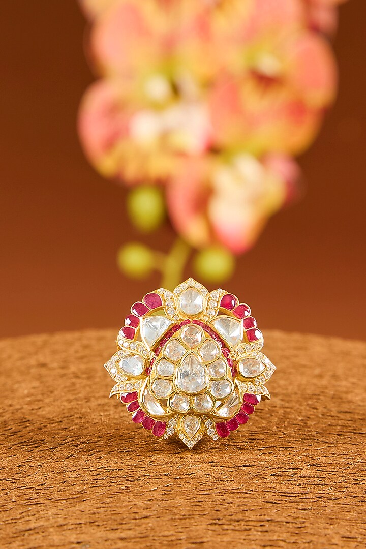 Yellow Gold Finish Moissanite Polki & Ruby Ring In Sterling Silver by STELLA CREATIONS at Pernia's Pop Up Shop