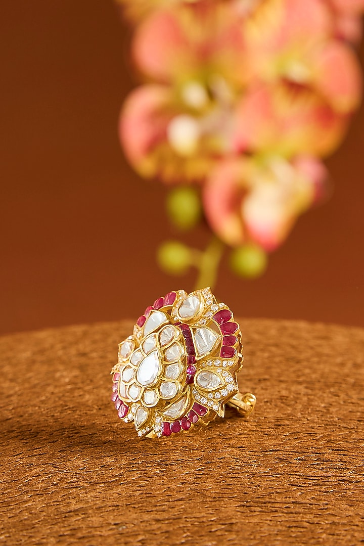 Yellow Gold Finish Moissanite Polki & Ruby Ring In Sterling Silver by STELLA CREATIONS at Pernia's Pop Up Shop