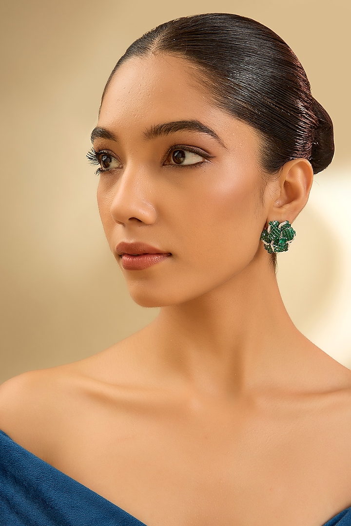 White Gold Finish Eurostar Zircon & Emerald Stud Earrings In Sterling Silver by STELLA CREATIONS at Pernia's Pop Up Shop