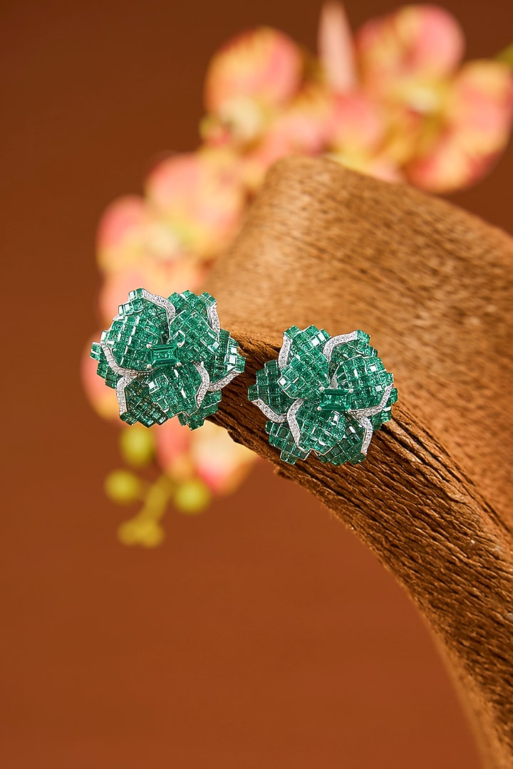 White Gold Finish Eurostar Zircon & Emerald Stud Earrings In Sterling Silver by STELLA CREATIONS at Pernia's Pop Up Shop