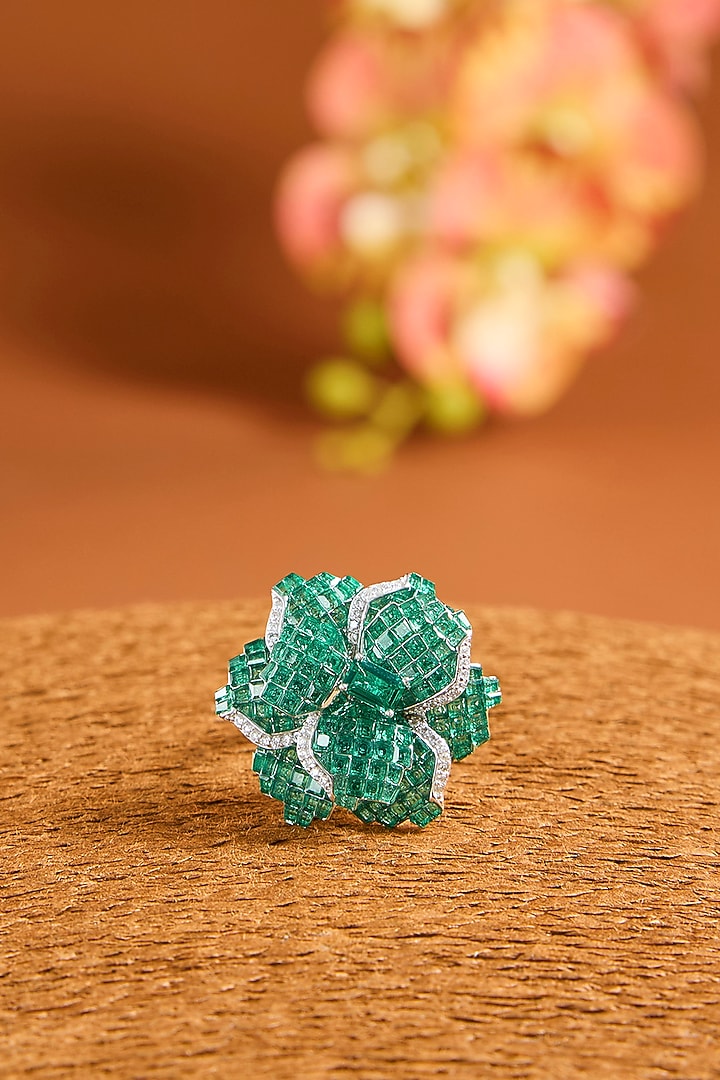 White Gold Finish Eurostar Zircon & Emerald Ring In Sterling Silver by STELLA CREATIONS at Pernia's Pop Up Shop