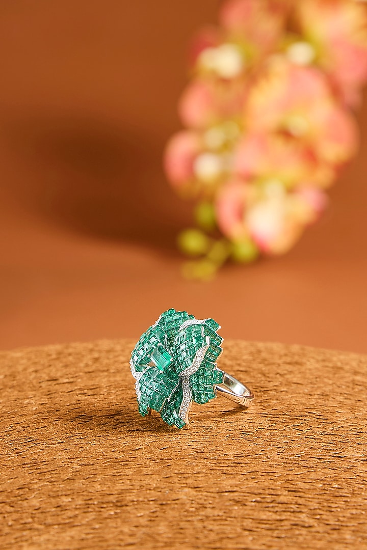 White Gold Finish Eurostar Zircon & Emerald Ring In Sterling Silver by STELLA CREATIONS at Pernia's Pop Up Shop