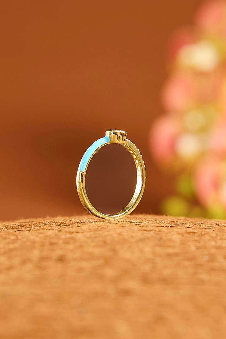 Gold Finish Eurostar Zircon Turquoise Enameled Ring In Sterling Silver by STELLA CREATIONS at Pernia's Pop Up Shop