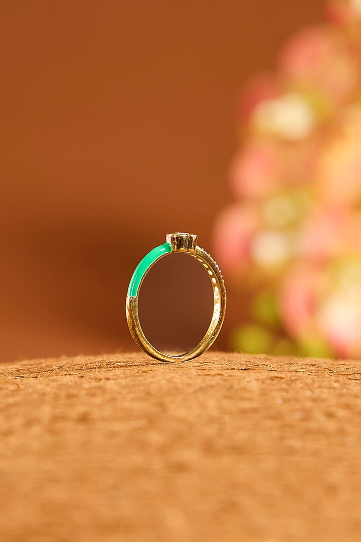 Gold Finish Eurostar Zircon Green Enameled Ring In Sterling Silver by STELLA CREATIONS at Pernia's Pop Up Shop