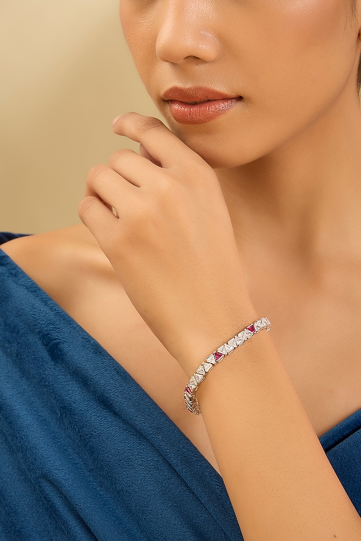 White Gold Finish Eurostar Zircon & Ruby Bracelet In Sterling Silver by STELLA CREATIONS at Pernia's Pop Up Shop