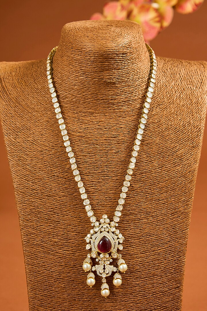 Yellow Gold Finish Moissanite Polki & Ruby Long Necklace Set In Sterling Silver by STELLA CREATIONS at Pernia's Pop Up Shop
