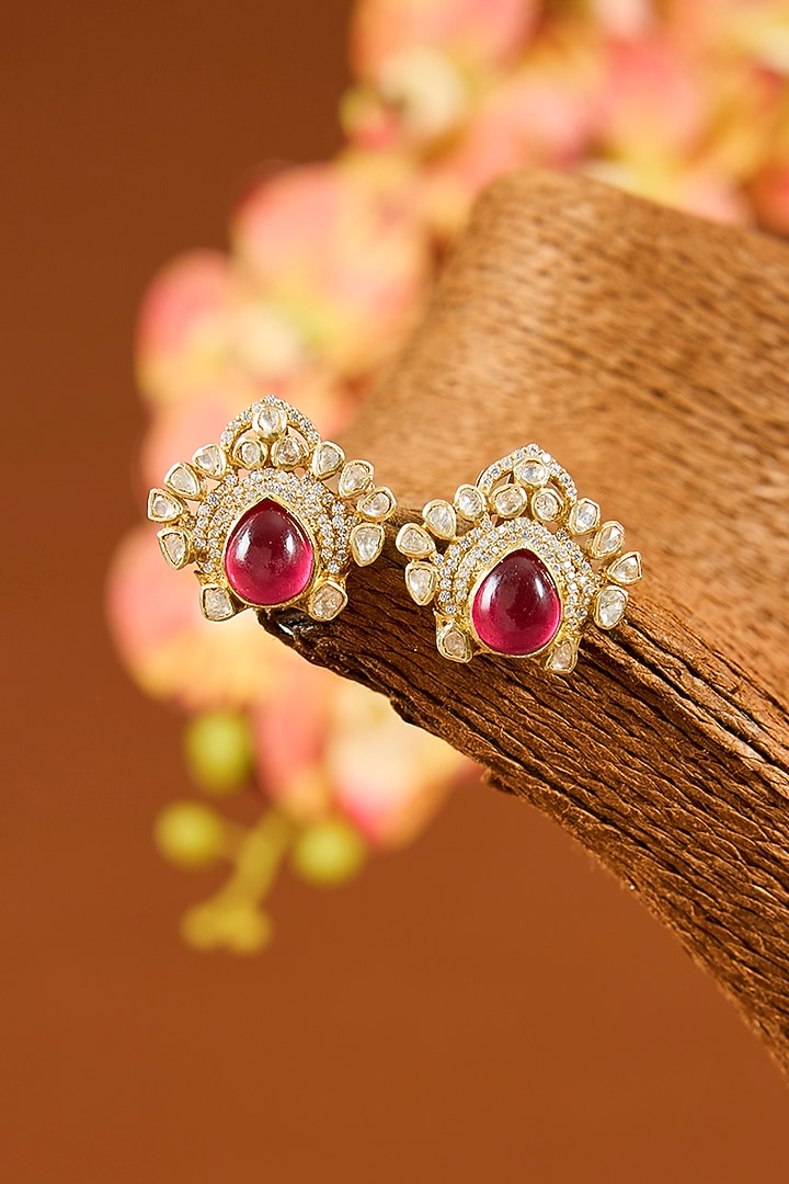 Yellow Gold Finish Moissanite Polki & Ruby Long Necklace Set In Sterling Silver by STELLA CREATIONS at Pernia's Pop Up Shop