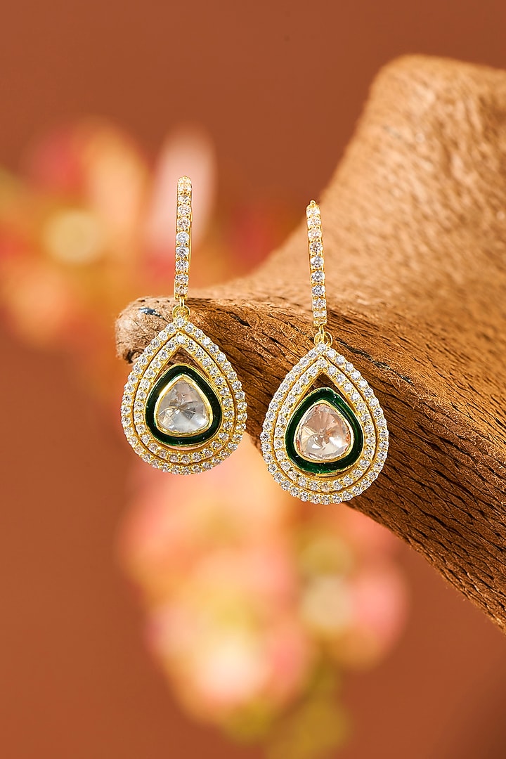 Yellow Gold Finish Moissanite Polki Green Enameled Dangler Earrings In Sterling Silver by STELLA CREATIONS at Pernia's Pop Up Shop